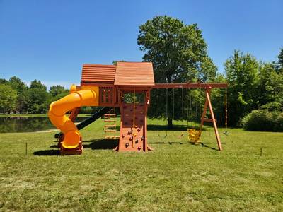 Woodplay wooden playset with slide and swingset Medina, OH